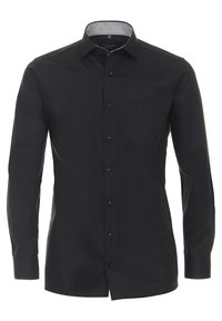 Zwarte lange mouwen shirt van gladde stof, met een knoopsluiting aan de voorkant, gestructureerde kraag en een klein borstzakje.