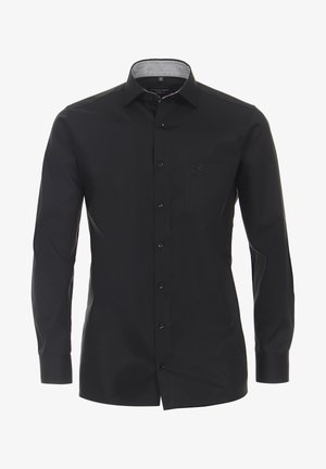 Zwarte lange mouwen shirt van gladde stof, met een knoopsluiting aan de voorkant, gestructureerde kraag en een klein borstzakje.