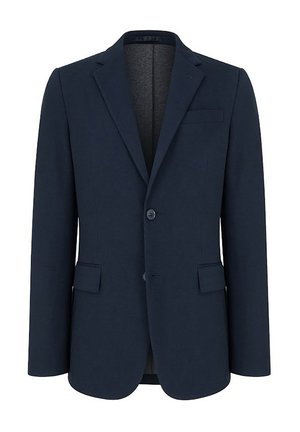 Granatowa marynarka wykonana z teksturowanej tkaniny. Posiada klapę w sposób klasyczny, dwie przednie kieszenie, zapięcie na pojedynczy guzik oraz jedną kieszeń na piersi.