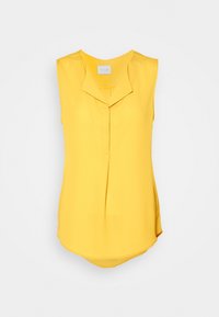 Top giallo senza maniche con colletto a ribaltina e piega frontale, vestibilità slim e orlo arrotondato su sfondo bianco.