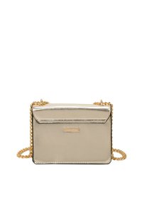 Borsa a tracolla metallica oro con tracolla a catena, finitura liscia, forma rettangolare, chiusura a flip-top e una sottile placchetta con il logo del brand.