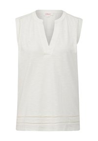 Sleeveless white blouse with a V-neckline, featuring subtle horizontal stitching at the hem and delicate detailing along the armholes.