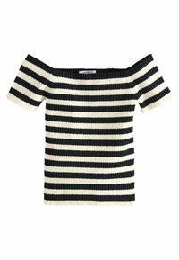 Off-the-shoulder viršus su pakaitinėmis juodomis ir kreminėmis horizontaliomis juostelėmis, ritinėlio tekstūra ir trumpomis rankovėmis.