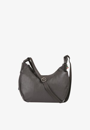 Dark gray leather shoulder bag with adjustable strap and small Italy flag tag near zipper on plain white background.