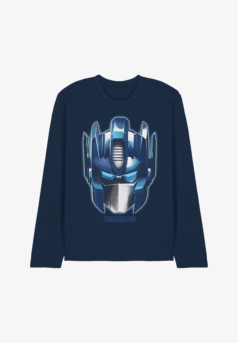 Long-sleeve navy T-shirt featuring a graphic print of a blue robotic helmet. Soft cotton material with crew neck and relaxed fit.