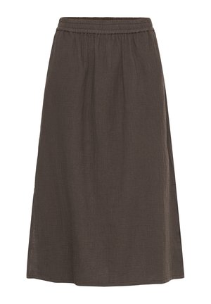 Donkerbruine, knielange rok met elastische tailleband en subtiel gestructureerde stof, plat weergegeven tegen een witte achtergrond.