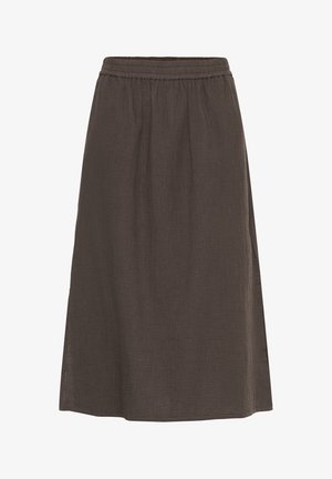 Donkerbruine, knielange rok met elastische tailleband en subtiel gestructureerde stof, plat weergegeven tegen een witte achtergrond.