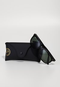 Ochelari de soare Ray-Ban negri cu lentile verzi, lângă un etui texturat din piele neagră, având un branding auriu și negru și un sistem de închidere cu buton.