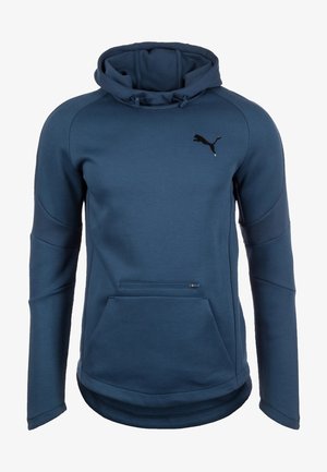 Marineblauer Kapuzenpullover mit vorderer Reißverschlusstasche, Kängurutasche, langen Ärmeln und schwarzem Puma-Logo auf der Brust.