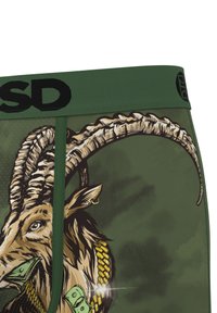 Green boxer briefs featuring a graphic design of a goat with money in its mouth, adorned with gold chain accents and bold black waistband.