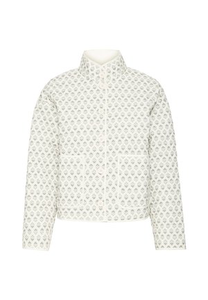 Veste matelassée blanche avec un motif floral vert. Elle présente un col montant et une fermeture à boutons, avec deux poches avant et des bords passepoilés.