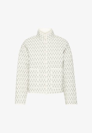 Valge tikitud jakk rohelise lillemustriga. Varustatud kõrge krae ja nööpkinnitusega, kahe eesmise tasku ja äärtega.