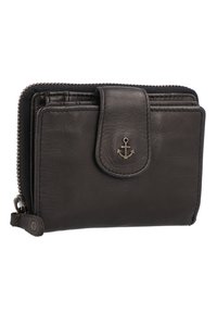 Portefeuille en cuir noir avec fermeture éclair, présentant un rabat avant et un emblème d'ancre. Texture lisse et forme rectangulaire compacte.