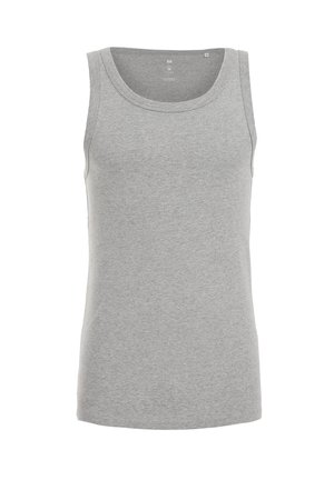 Grauer Baumwolltanktop mit Rundhalsausschnitt, ärmellosem Design und glatter Textur. Hat eine normale Passform und ist unifarben.