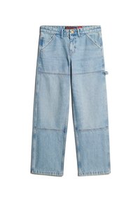 Jeans de mezclilla azul claro con corte ancho, que cuentan con dos bolsillos delanteros, costuras visibles y una cintura de altura media.