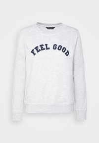 Sweatshirt à manches longues gris clair avec col rond et texte bleu marine "FEEL GOOD" incurvé sur la poitrine.