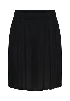 Black knee-length skirt with gathered fabric and elastic waistband, displayed on a white background.