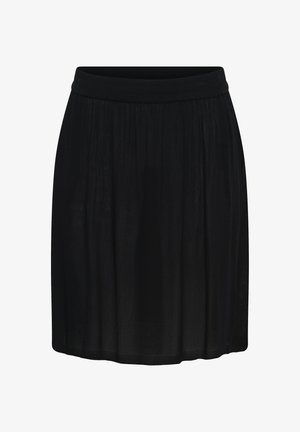 Fustă neagră până la genunchi, cu material adunat și talie elastică, prezentată pe un fundal alb.