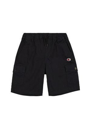 Sorte cargo shorts med elastisk talje, snor, sidelommer, knappede cargo-lommer og et lille Champion-logo på det ene ben.