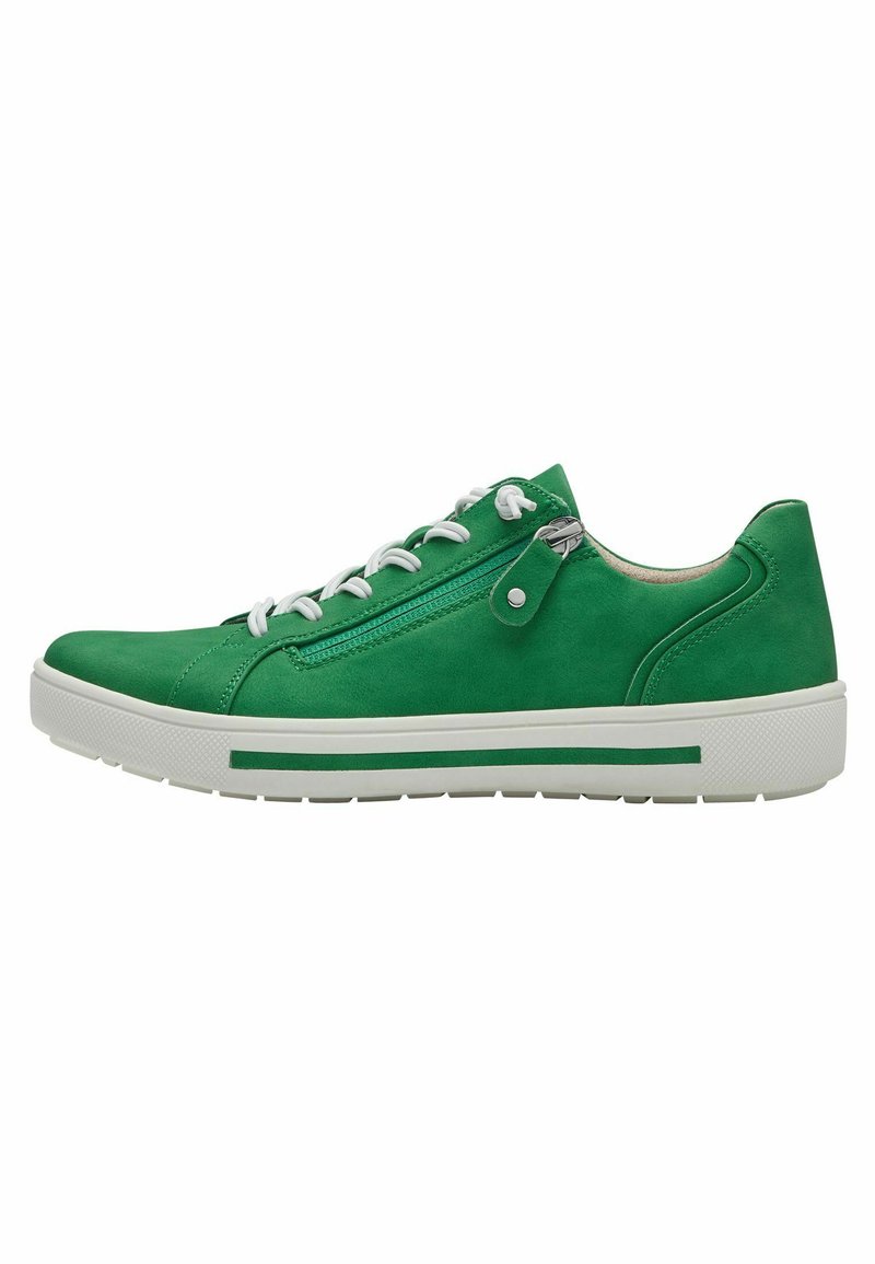 Grüne Veloursleder-Sneaker mit weißen Schnürsenkeln und einem seitlichen Reißverschluss. Gummisohle mit grünen Akzenten. Abgerundete Spitze und glatte Textur.