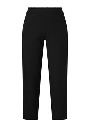 Zwarte broek met rechte pijpen, elastische tailleband en zijzakken, vooraan zichtbaar tegen een witte achtergrond.