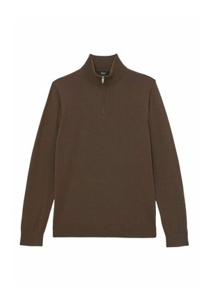 Brun langærmet pullover med høj krave og halvlængde lynlås foran, præsenteret på en hvid baggrund.