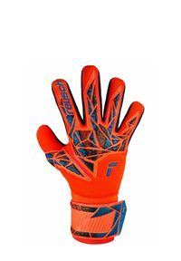 Guanti da portiere di un vivace arancione con design geometrici neri e blu. Caratterizzati da una presa testurizzata e da un cinturino regolabile per una vestibilità sicura.