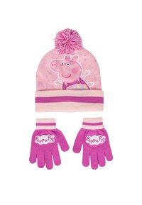 Roze gebreide muts met een pompon en een Peppa Pig ontwerp, gecombineerd met bijpassende roze handschoenen met witte logo-accenten. Zachte textuur en warm materiaal.