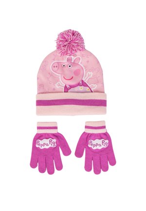 Pink knit hat with a pom-pom and Peppa Pig design, paired with matching pink gloves featuring white logo accents. Soft texture and warm material.