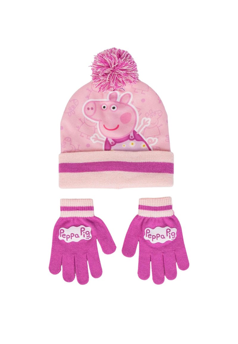Roze gebreide muts met een pompon en een Peppa Pig ontwerp, gecombineerd met bijpassende roze handschoenen met witte logo-accenten. Zachte textuur en warm materiaal.