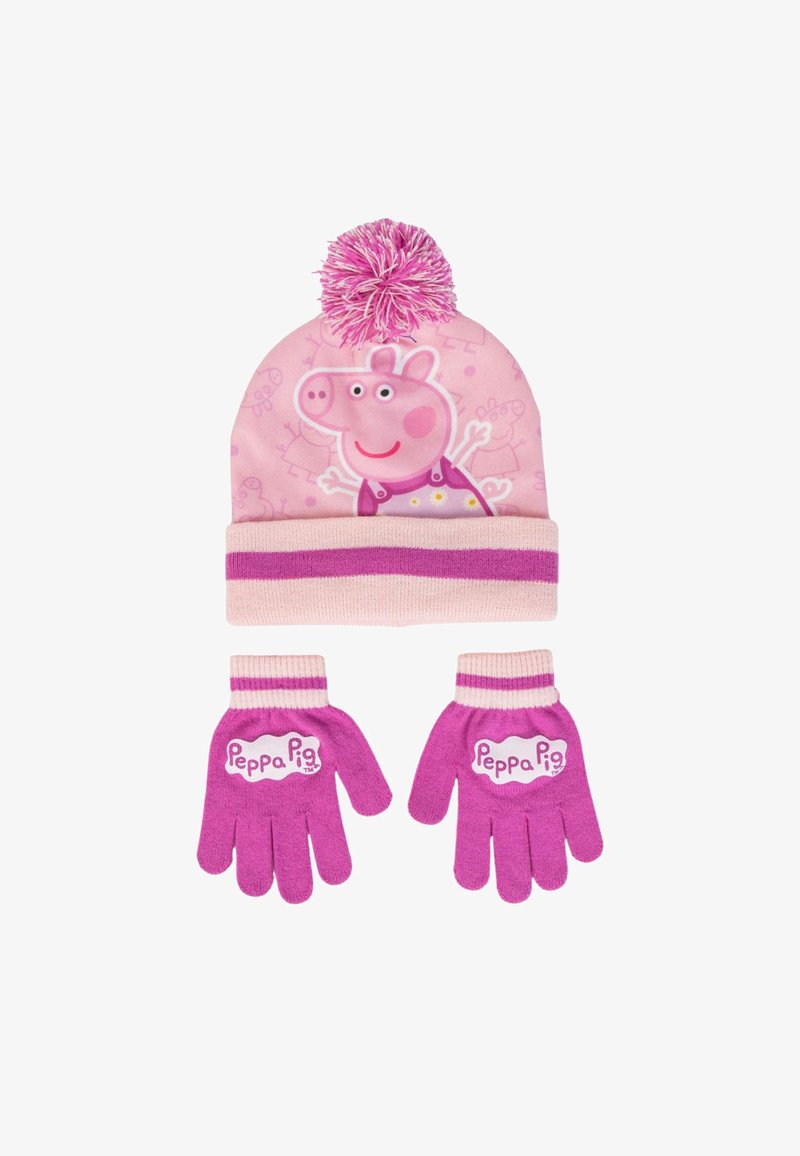 Roze gebreide muts met een pompon en een Peppa Pig ontwerp, gecombineerd met bijpassende roze handschoenen met witte logo-accenten. Zachte textuur en warm materiaal.
