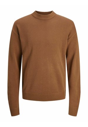 Brun stickad tröja med ribbat rundhals, långa ärmar och ribbade manschetter och nederkant. Texturerad stickad mönster genom hela tyget.