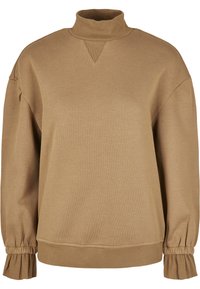 Hanorac maro cu guler înalt, guler cu dantelă și manșete gather. Fabricat dintr-un material moale, cu o croială lejeră și un design clasic.