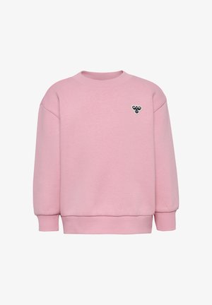 Roze sweatshirt met een ronde hals, ballonmouwen en geribbelde boorden. Heeft een klein geborduurd accent op de borst. Zachte, gestructureerde stof.