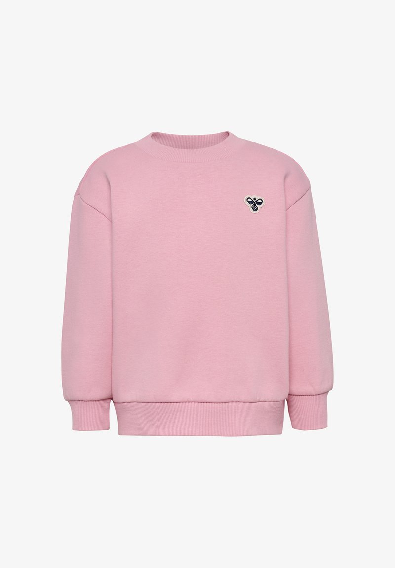 Rosa Sweatshirt mit rundem Ausschnitt, Ballonärmeln und gerippten Bündchen. Mit einem kleinen gestickten Akzent auf der Brust. Weicher, strukturierter Stoff.