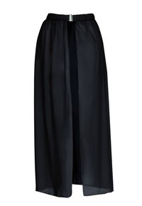 Czarna przezroczysta długa spódnica z elastycznym pasem i rozcięciem z przodu. Lekki, zwiewny materiał o gładkiej fakturze.