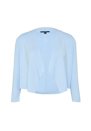 Lichtblauwe gebreide cardigan met een open voorkant, driekwartmouwen en een relaxte pasvorm. Zachte textuur en minimaal ontwerp zonder sluitingen.