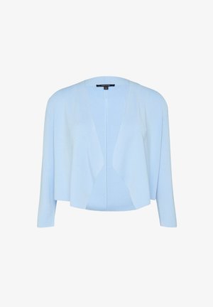 Jasnoniebieski, dziany kardigan z otwartym przodem, trzema ćwiartkami rękawów i luźnym krojem. Miękka tkanina oraz minimalistyczny design bez zapięć.