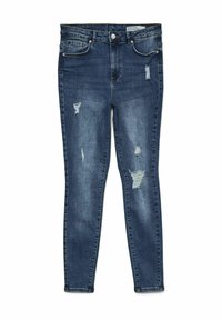 Lieknos džinsai tamsiai mėlynos denim medžiagos su nusidėvėjusiais pleistrais. turi penkis kišenes ir užtrauktuko uždarymą su mygtuku. Minkšta tekstūra, vidutinio skalbimo.