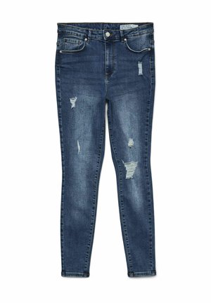 Jeans ajustados de mezclilla azul oscuro con parches desgastados. Cuenta con cinco bolsillos y cierre de cremallera con botón. Textura suave, lavado medio.