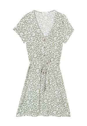 Abito verde a stampa floreale con maniche corte, scollatura a V, chiusura con bottoni sul davanti, vita stretta e gonna fluente, realizzato in tessuto leggero.