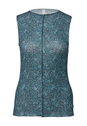 Ärmelloses Top in Blaugrün und Blau, mit einem strukturierten Muster, Rundhalsausschnitt und einer mittigen Rückennaht. Leichter Stoff.