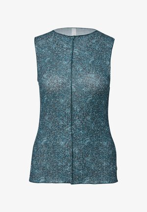 Ärmelloses Top in Blaugrün und Blau, mit einem strukturierten Muster, Rundhalsausschnitt und einer mittigen Rückennaht. Leichter Stoff.
