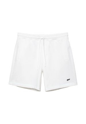 Biele bežné šortky s elastickým pásom, sťahovacou šnúrkou, bočnými vreckami a malým čiernym logom na spodnej ľavej nohe.