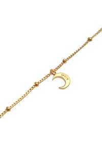 Gold-tone bracelet featuring a delicate chain with bead accents and a crescent moon charm, engraved with "925" for sterling silver authenticity.