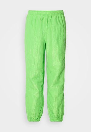 Neon green lightweight pants with an elastic waistband, featuring a slightly crinkled texture and gathered cuffs at the ankles.