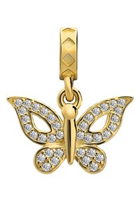 Gouden vlinderhanger met kristalelementen, gedetailleerde vleugels en een geometrische ringbevestiging. Kenmerkt gepolijst metaal en een ingewikkeld ontwerp.