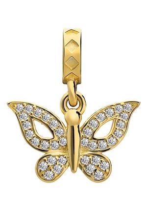 Gouden vlinderhanger met kristalelementen, gedetailleerde vleugels en een geometrische ringbevestiging. Kenmerkt gepolijst metaal en een ingewikkeld ontwerp.
