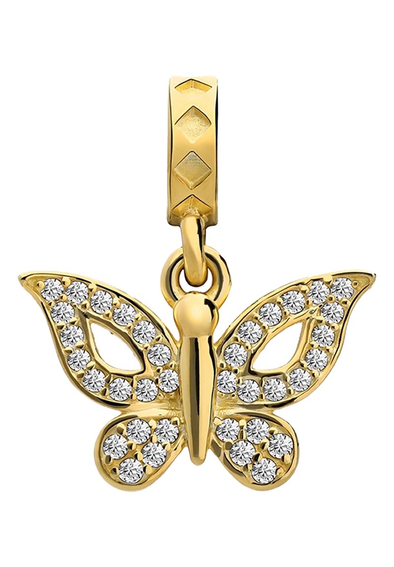 Gouden vlinderhanger met kristalelementen, gedetailleerde vleugels en een geometrische ringbevestiging. Kenmerkt gepolijst metaal en een ingewikkeld ontwerp.