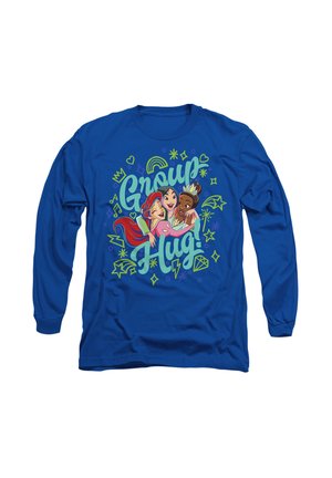 Long-sleeve blue T-shirt featuring a colorful graphic with three cartoon characters and the text "Group Hug!" in green and white.